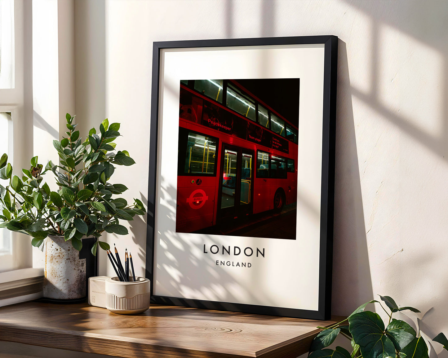 Red London Bus Night Close Up Illuminated - London analogue photography poster print in modern room setting