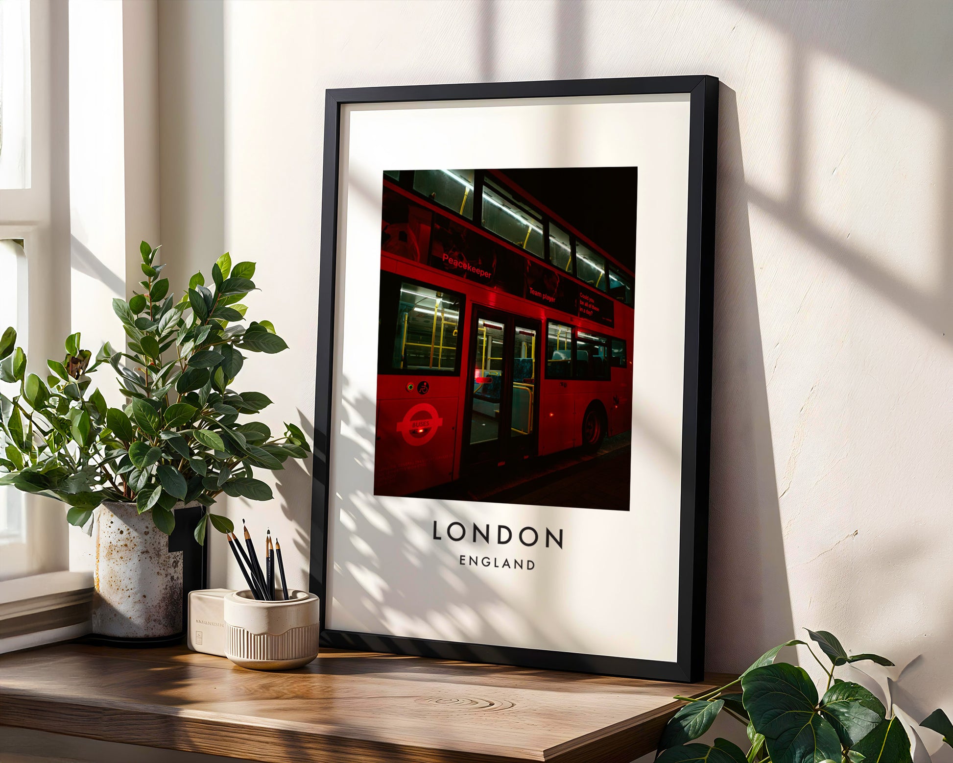 Red London Bus Night Close Up Illuminated - London analogue photography poster print in modern room setting