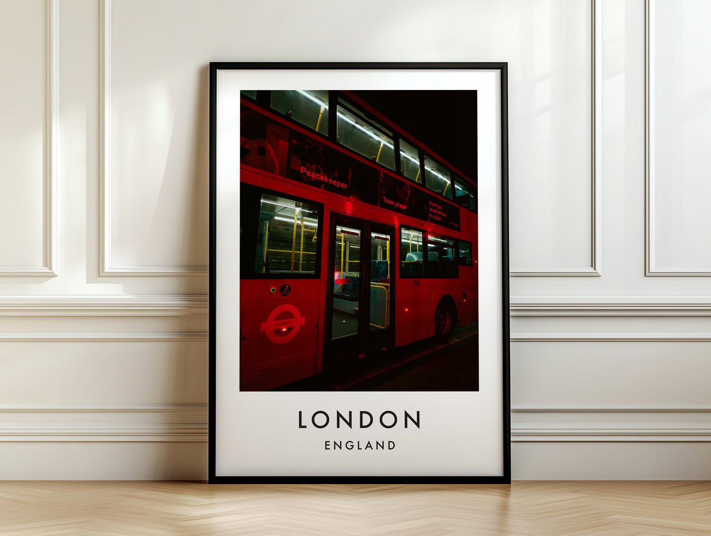 Red London Bus Night Close Up Illuminated - London analogue photography poster print on white panelled wall