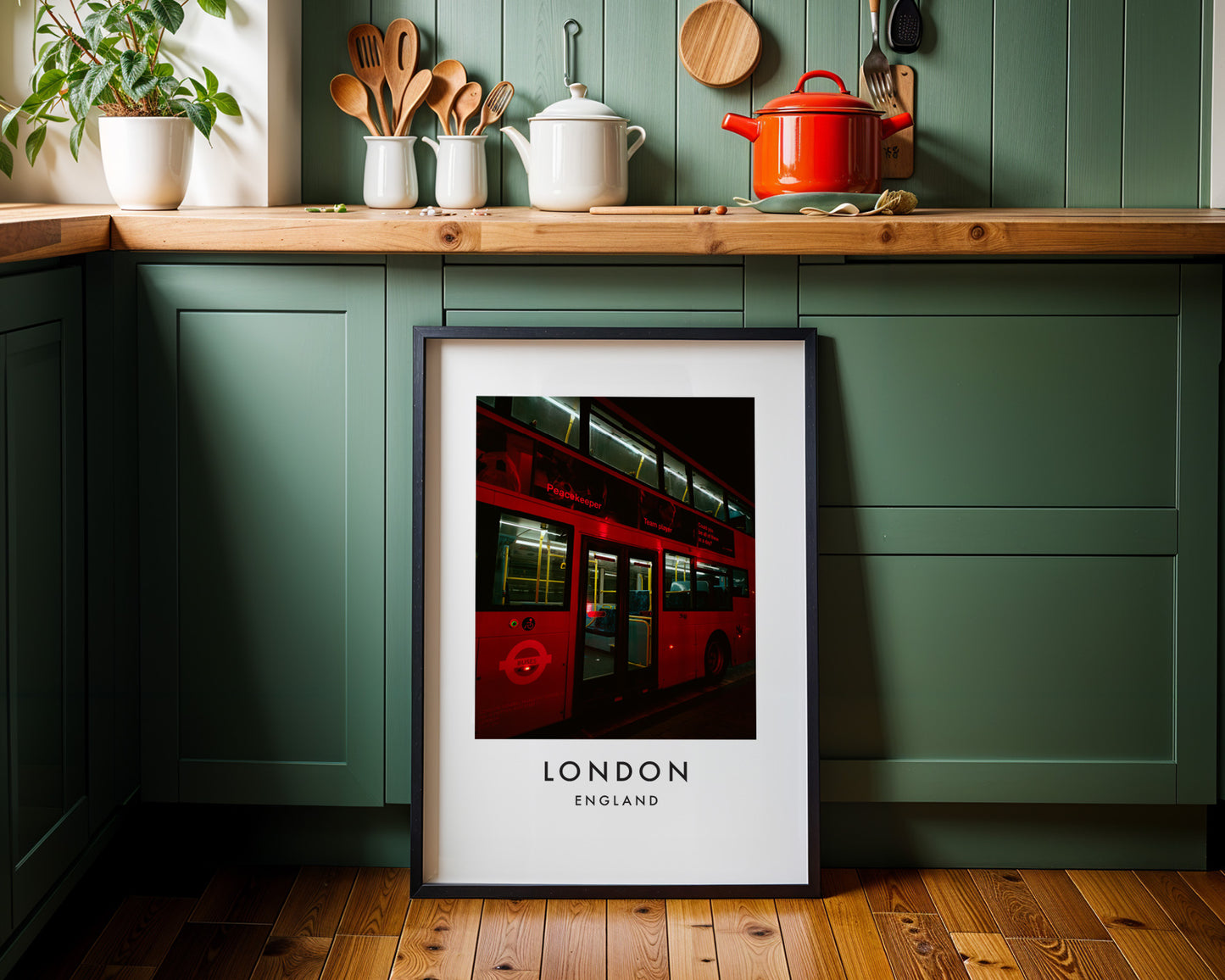 Red London Bus Night Close Up Illuminated - London analogue photography poster print on minimalist white wall
