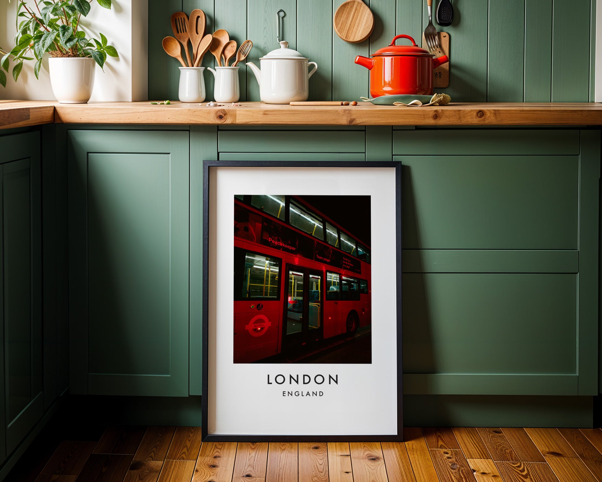 Red London Bus Night Close Up Illuminated - London analogue photography poster print on minimalist white wall