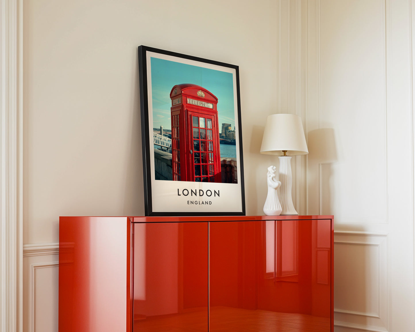 Red Telephone Box Close Up Thames Bridge - London analogue photography poster print in interior design setting