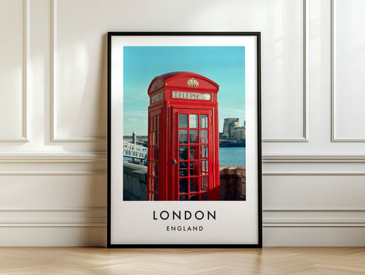 Red Telephone Box Close Up Thames Bridge - London analogue photography poster print on white panelled wall