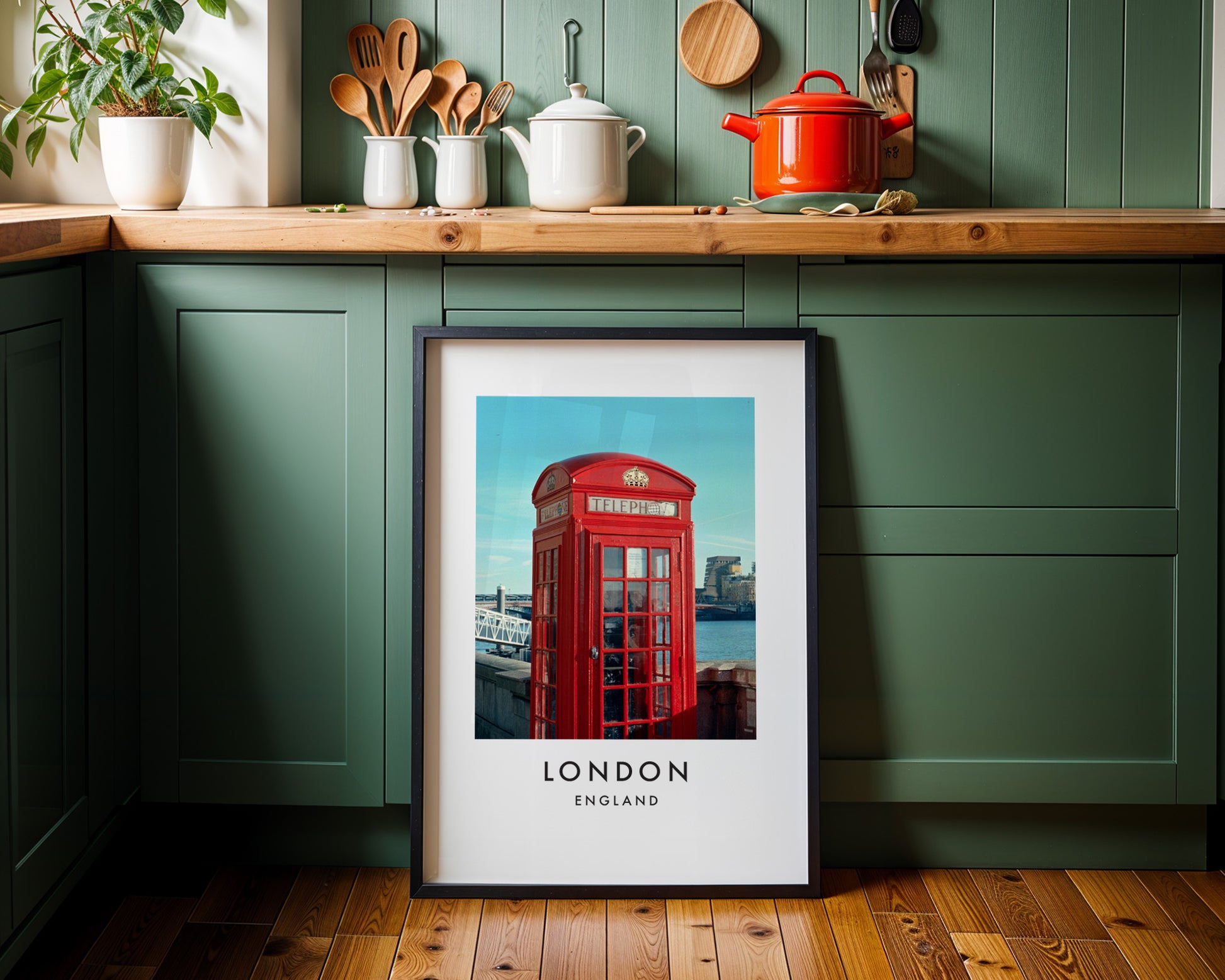 Red Telephone Box Close Up Thames Bridge - London analogue photography poster print on minimalist white wall
