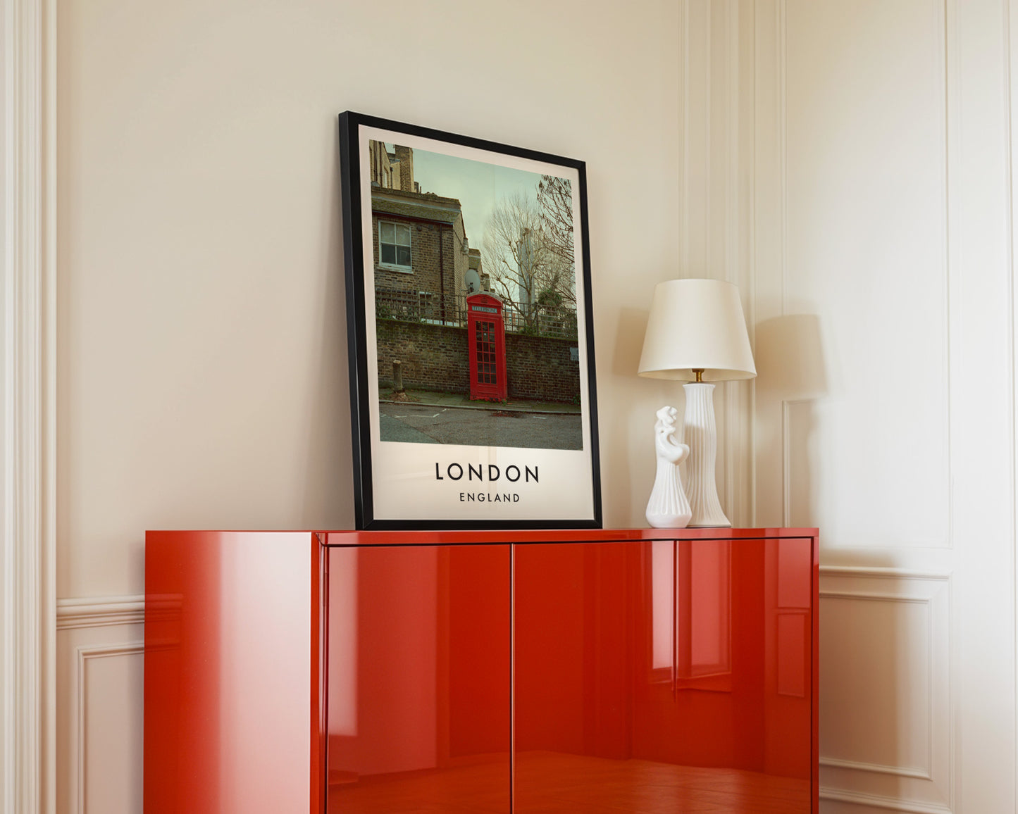 Red Telephone Box K6 Residential Street - London analogue photography poster print in interior design setting