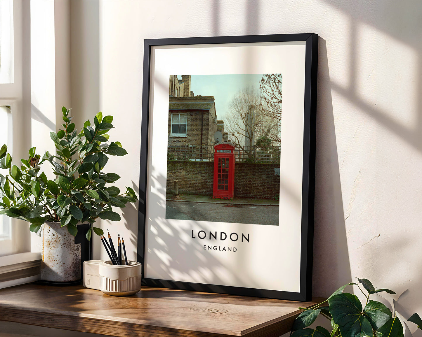 Red Telephone Box K6 Residential Street - London analogue photography poster print in modern room setting