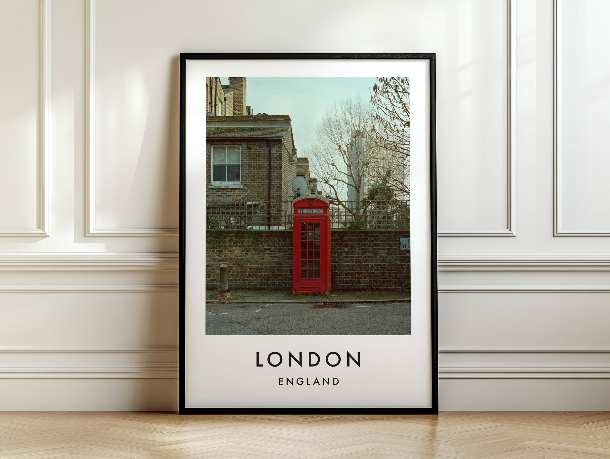 Red Telephone Box K6 Residential Street - London analogue photography poster print on white panelled wall
