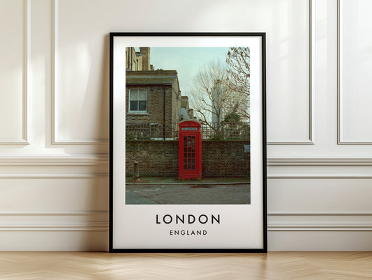 Red Telephone Box K6 Residential Street - London analogue photography poster print on white panelled wall
