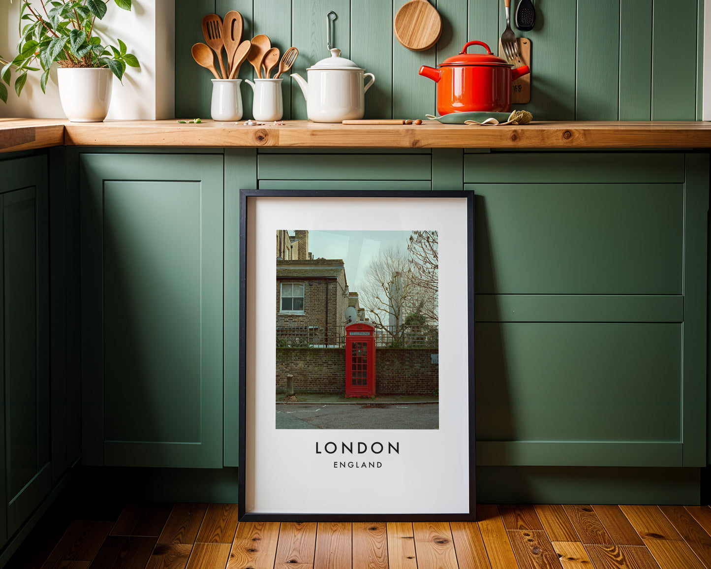Red Telephone Box K6 Residential Street - London analogue photography poster print on minimalist white wall