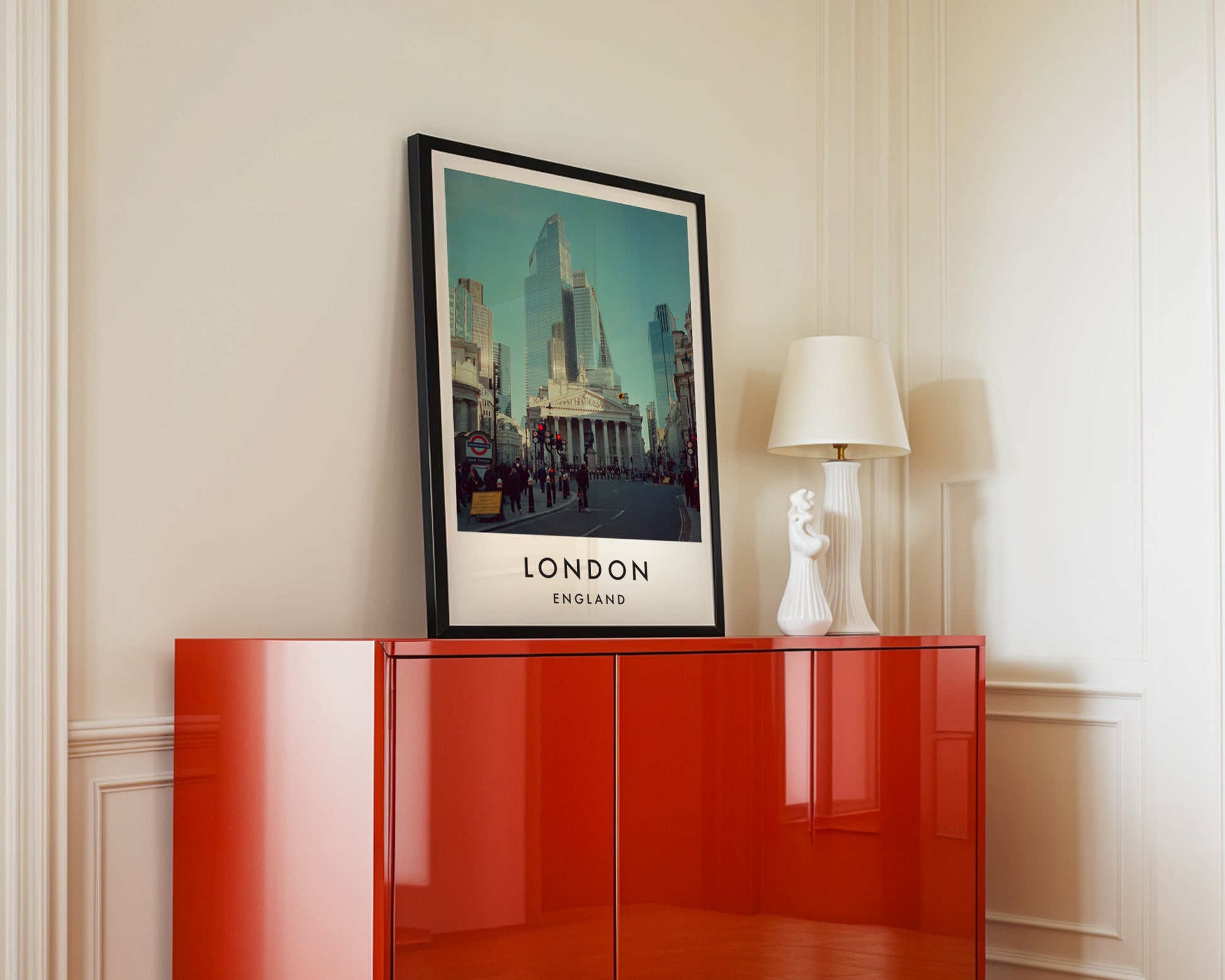 Royal Exchange Bank Junction City Skyscrapers - London analogue photography poster print in interior design setting