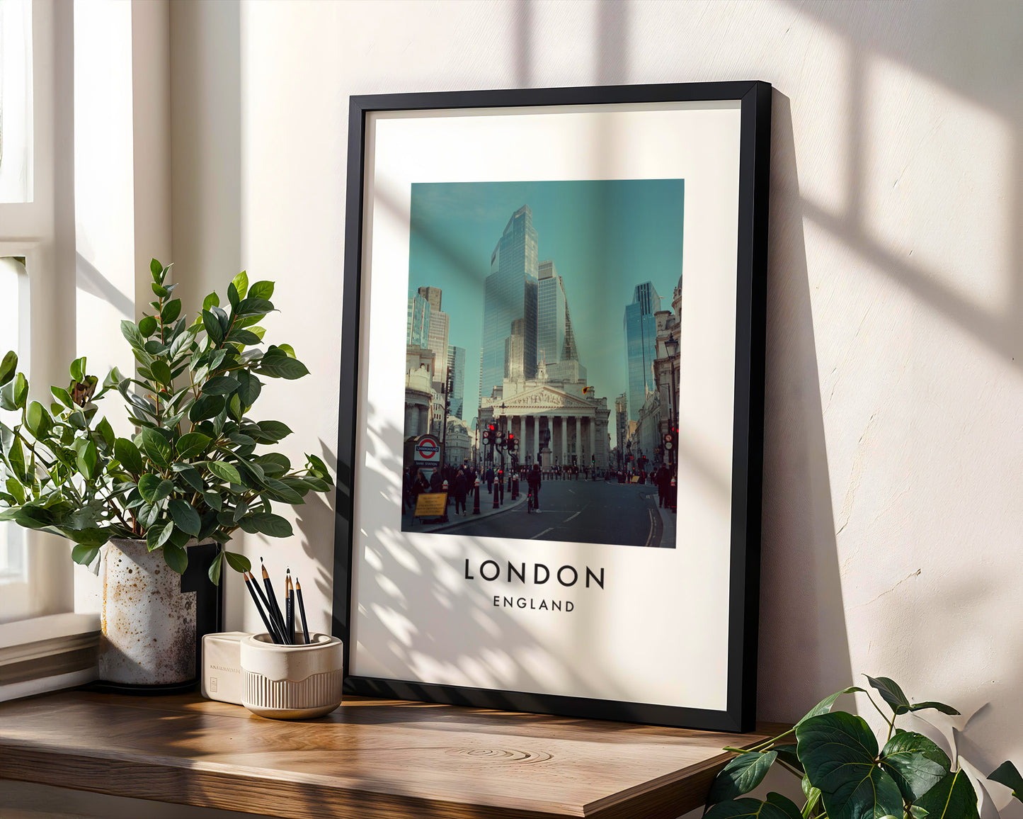 Royal Exchange Bank Junction City Skyscrapers - London analogue photography poster print in modern room setting