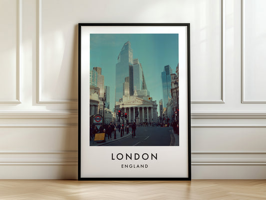 Royal Exchange Bank Junction City Skyscrapers - London analogue photography poster print on white panelled wall
