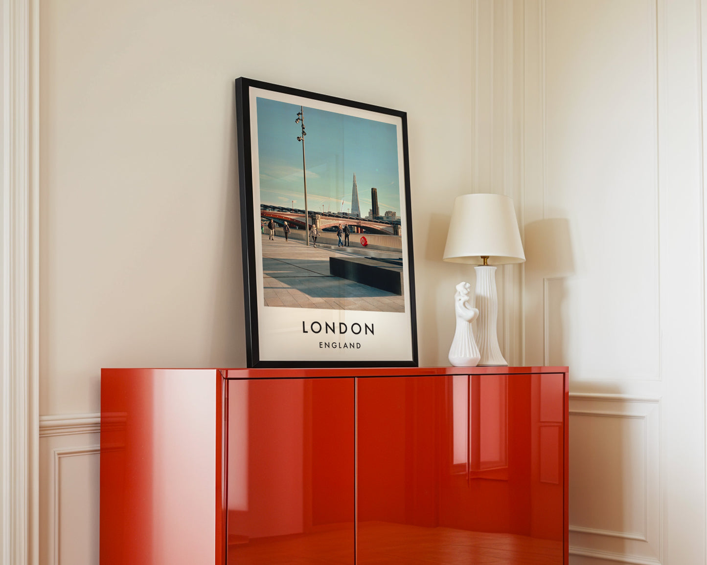 South Bank Blackfriars Bridge The Shard View - London analogue photography poster print in interior design setting