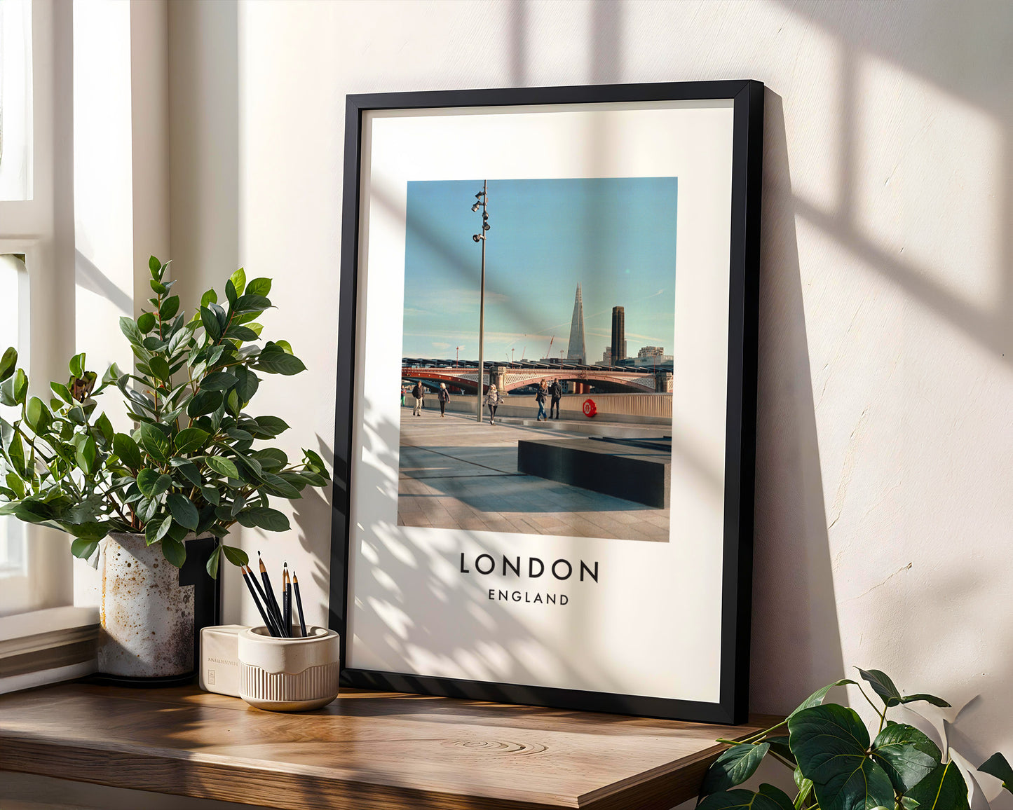 South Bank Blackfriars Bridge The Shard View - London analogue photography poster print in modern room setting