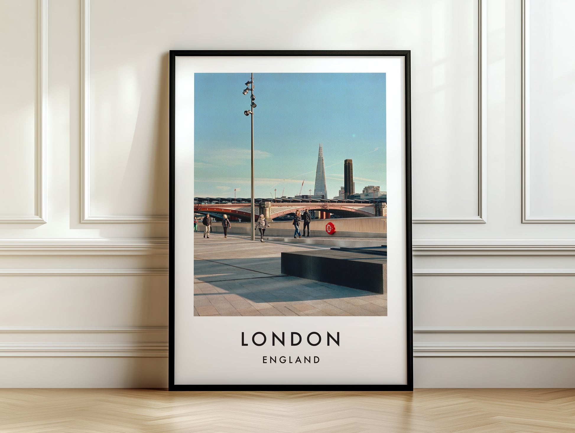 South Bank Blackfriars Bridge The Shard View - London analogue photography poster print on white panelled wall