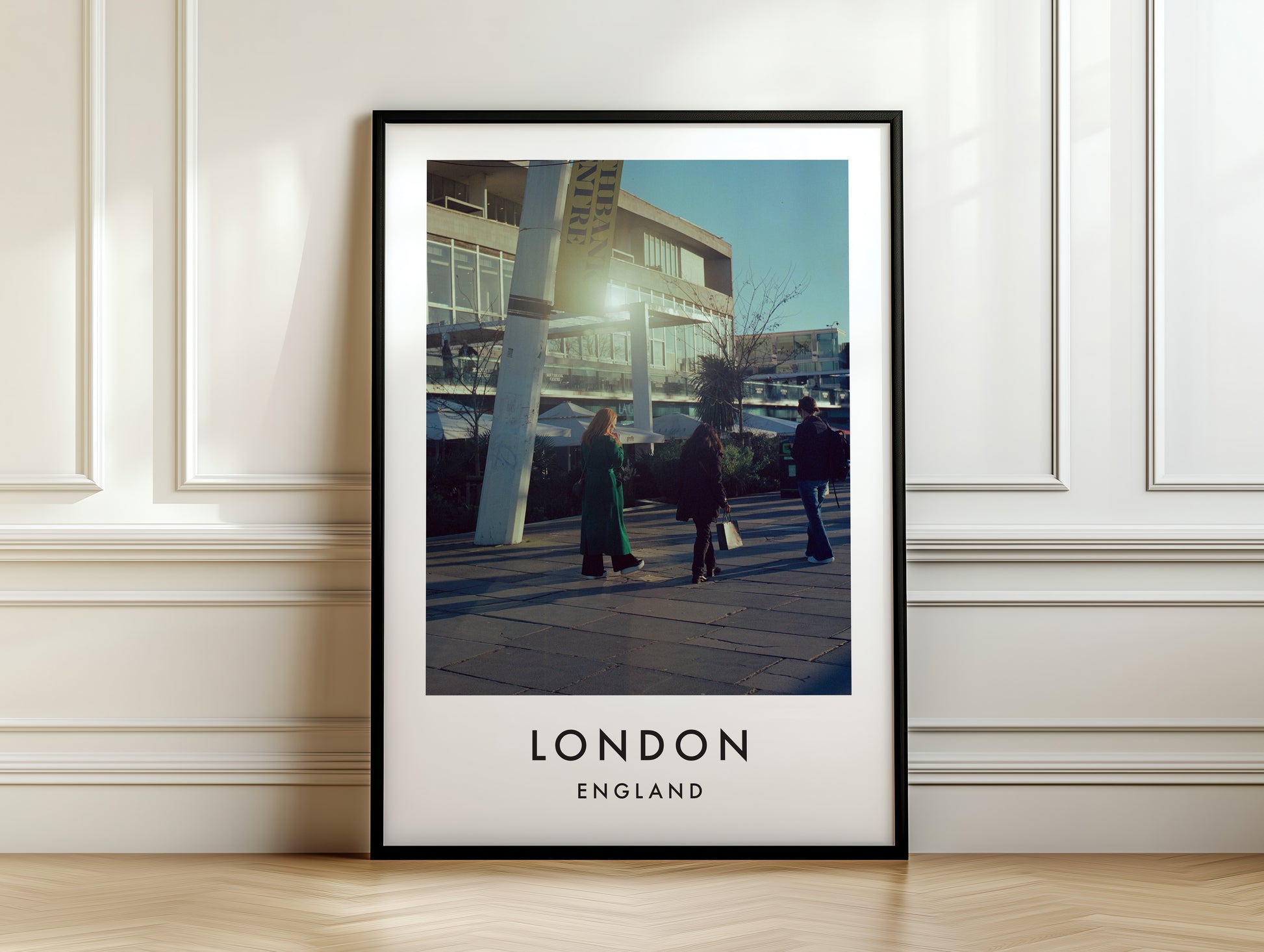 South Bank Pedestrians National Theatre Sunshine - London analogue photography poster print on white panelled wall