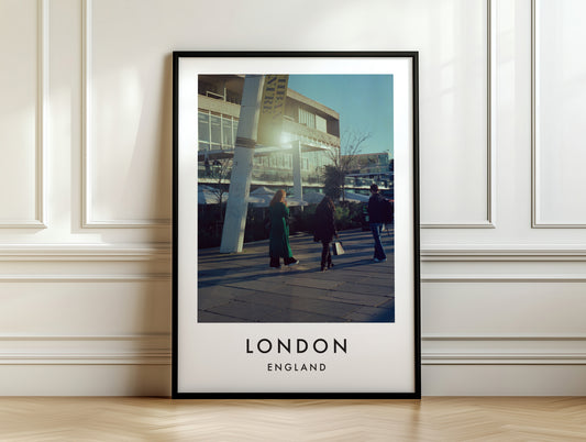 South Bank Pedestrians National Theatre Sunshine - London analogue photography poster print on white panelled wall