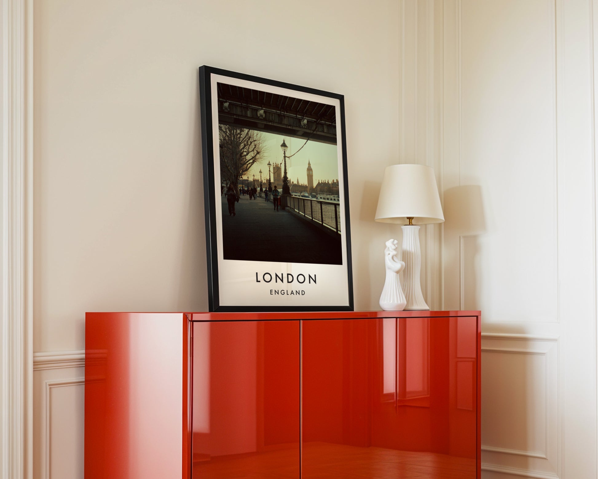 South Bank Walk Under Bridge Big Ben View - London analogue photography poster print in interior design setting