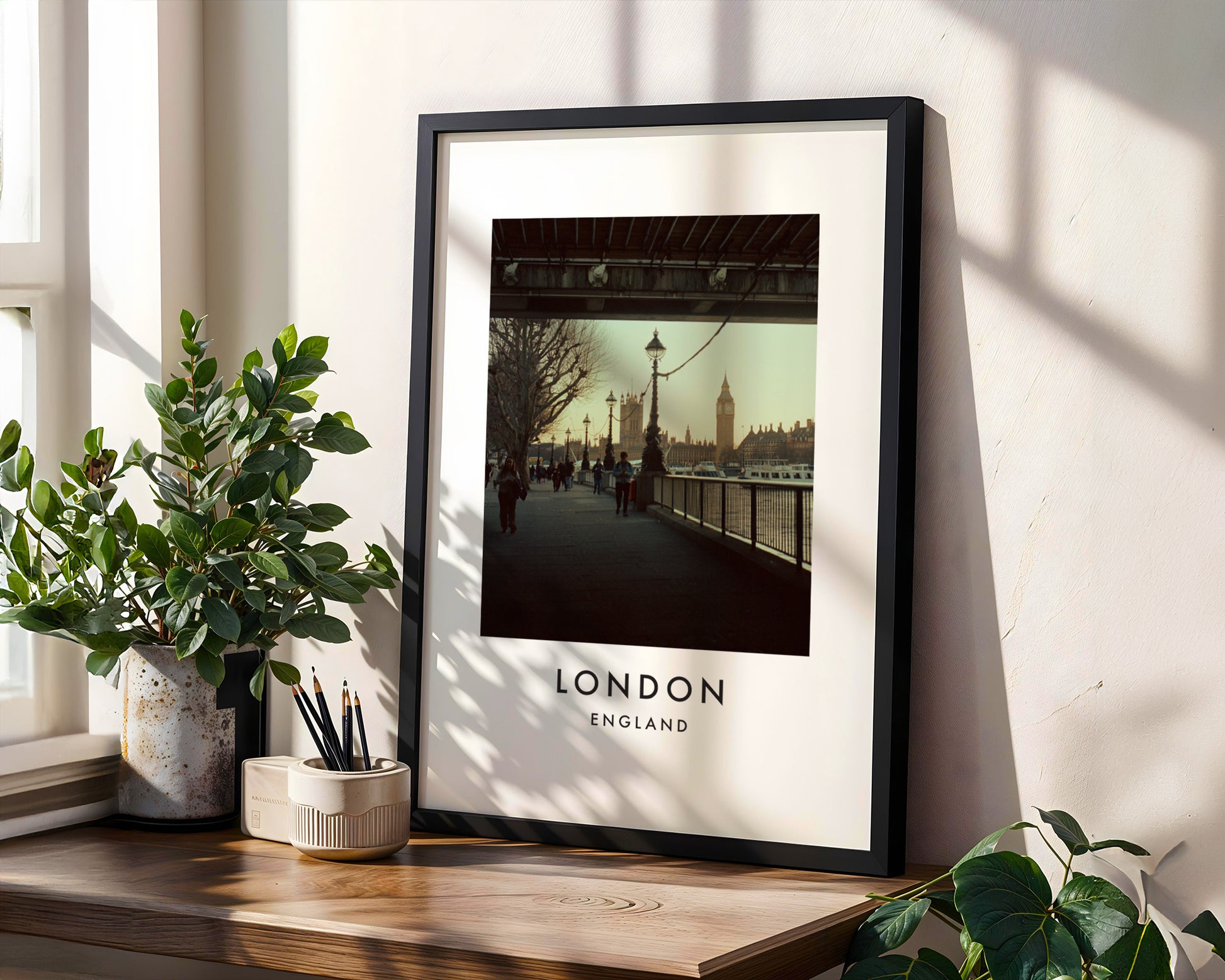 South Bank Walk Under Bridge Big Ben View - London analogue photography poster print in modern room setting