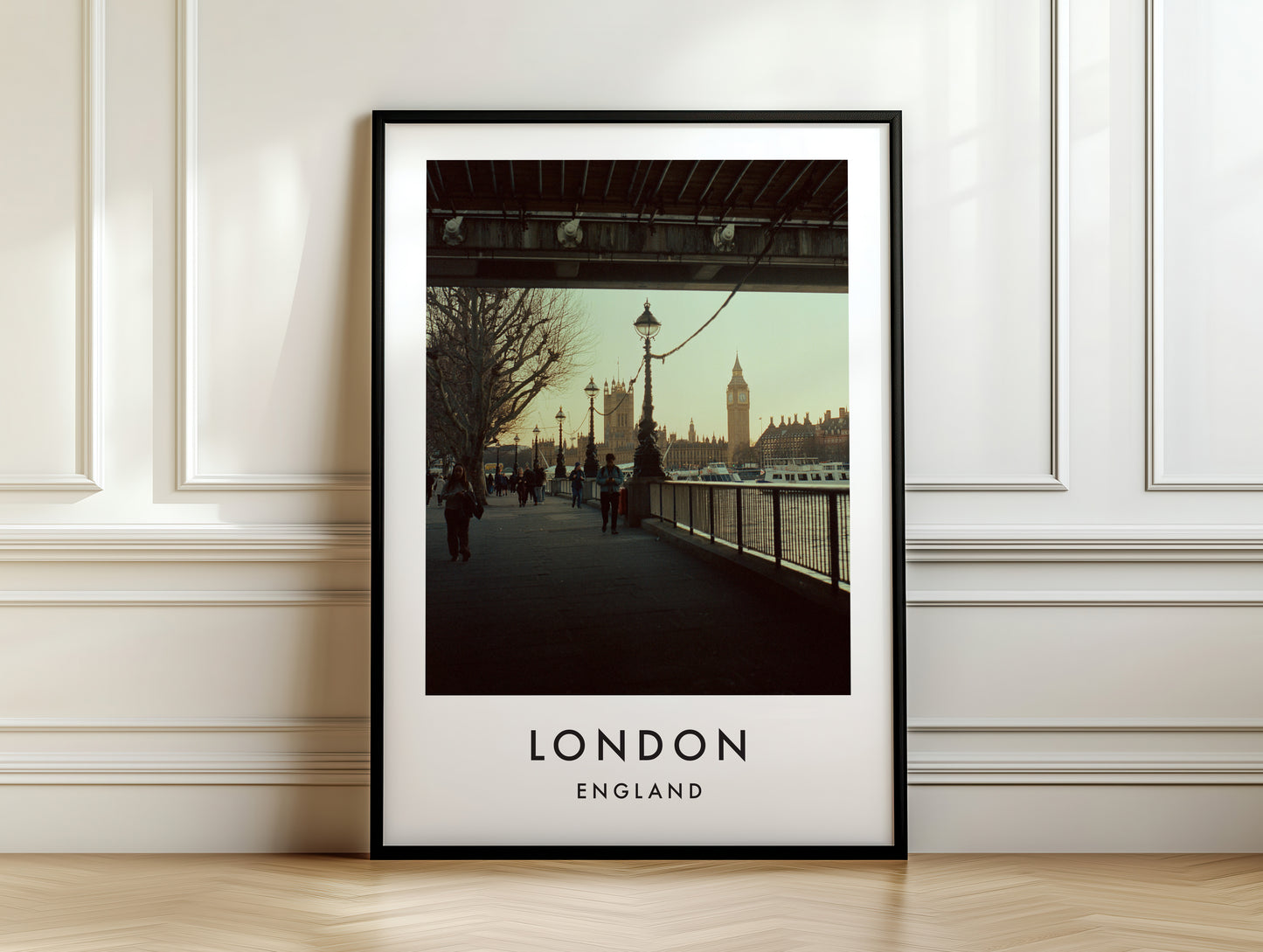 South Bank Walk Under Bridge Big Ben View - London analogue photography poster print on white panelled wall