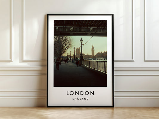 South Bank Walk Under Bridge Big Ben View - London analogue photography poster print on white panelled wall