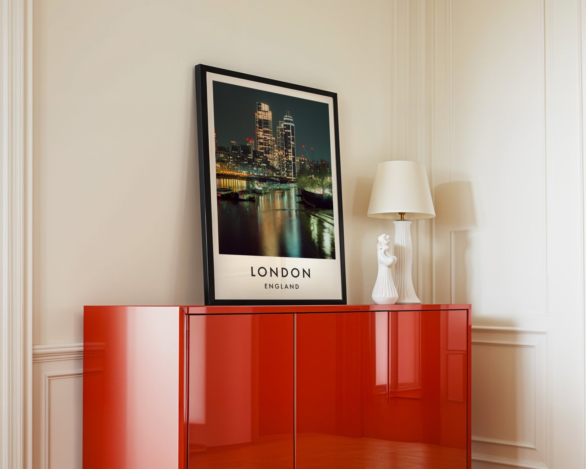 St George Wharf Tower Vauxhall Night Thames - London analogue photography poster print in interior design setting