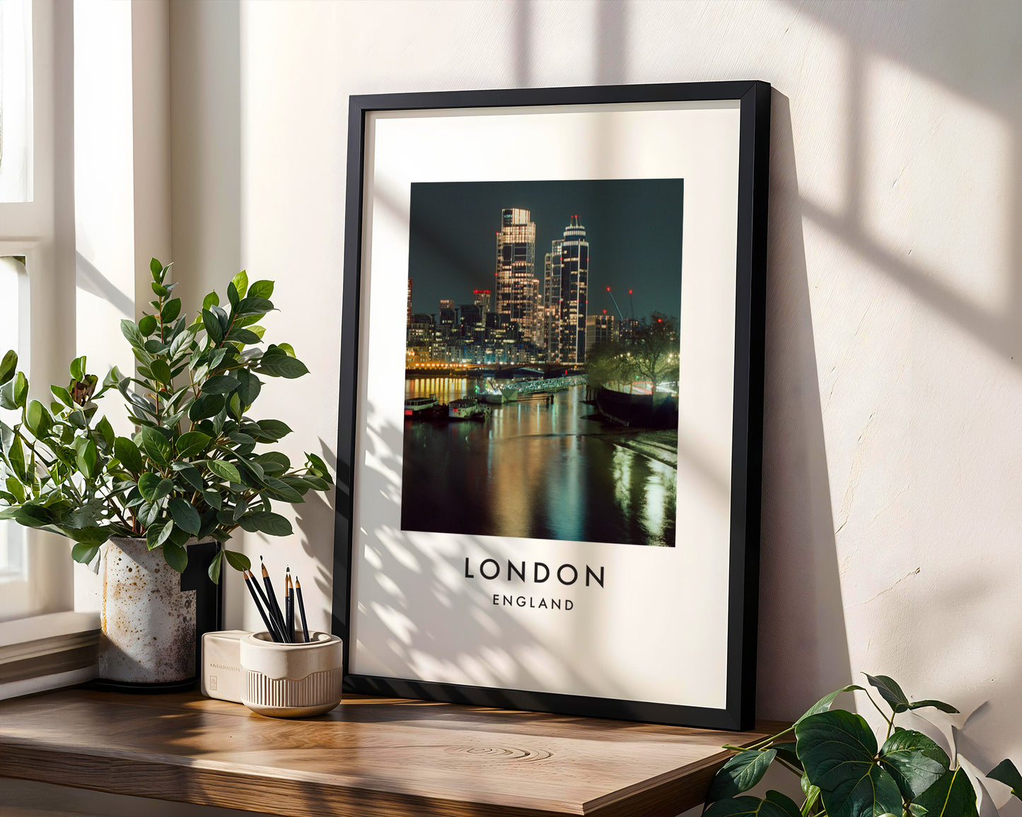 St George Wharf Tower Vauxhall Night Thames - London analogue photography poster print in modern room setting