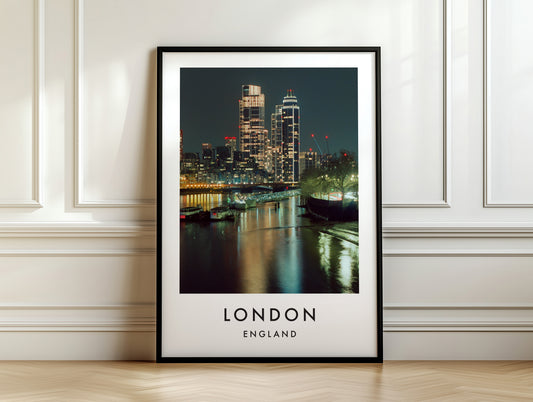 St George Wharf Tower Vauxhall Night Thames - London analogue photography poster print on white panelled wall