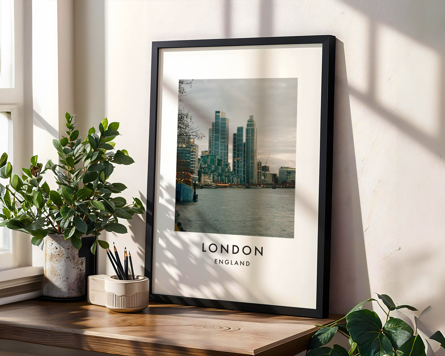 St George Wharf Tower Vauxhall Thames Daytime - London analogue photography poster print in modern room setting