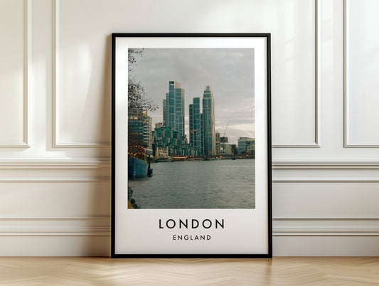 St George Wharf Tower Vauxhall Thames Daytime - London analogue photography poster print on white panelled wall