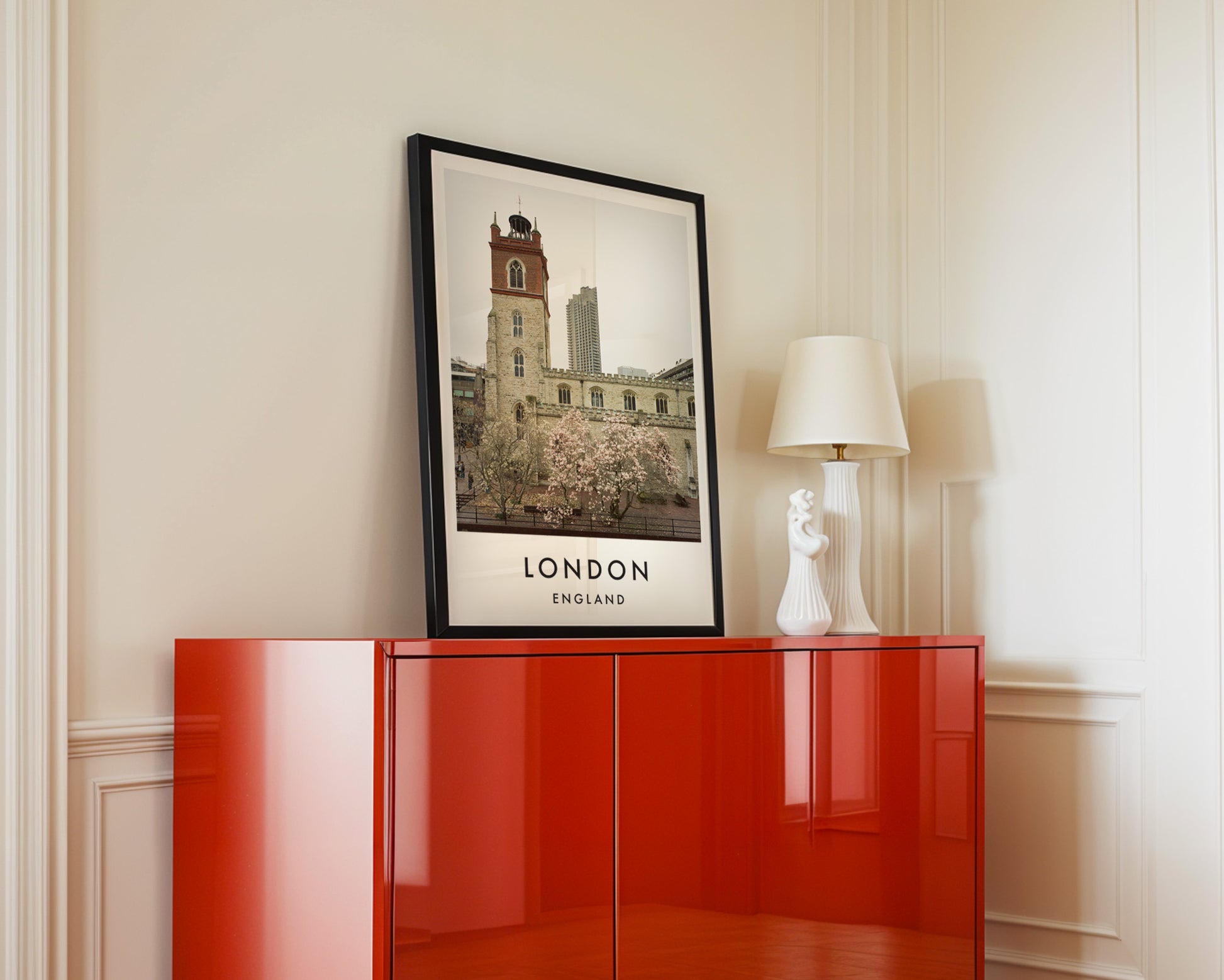 St Giles Cripplegate Church Magnolia Barbican Tower - London analogue photography poster print in interior design setting
