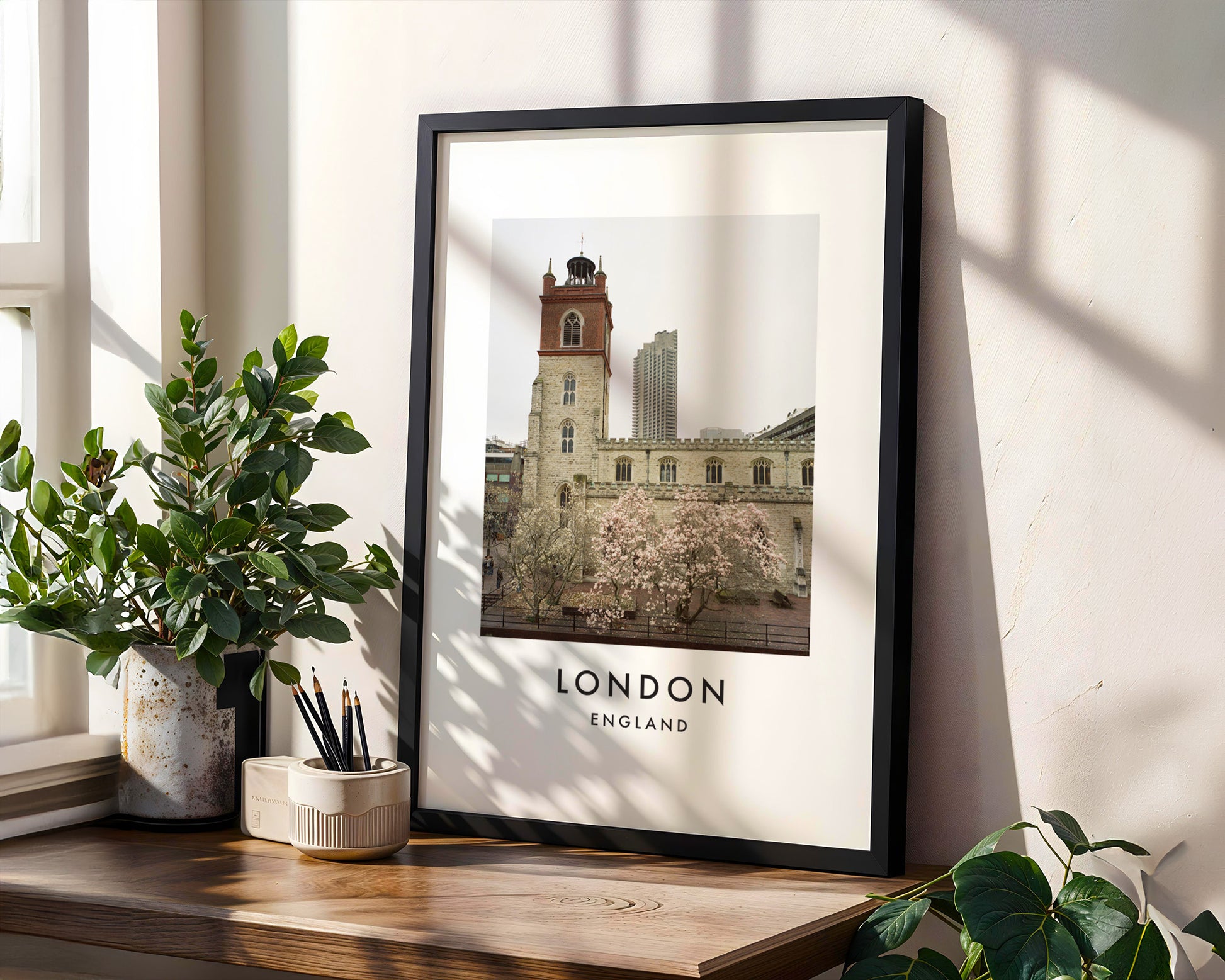 St Giles Cripplegate Church Magnolia Barbican Tower - London analogue photography poster print in modern room setting