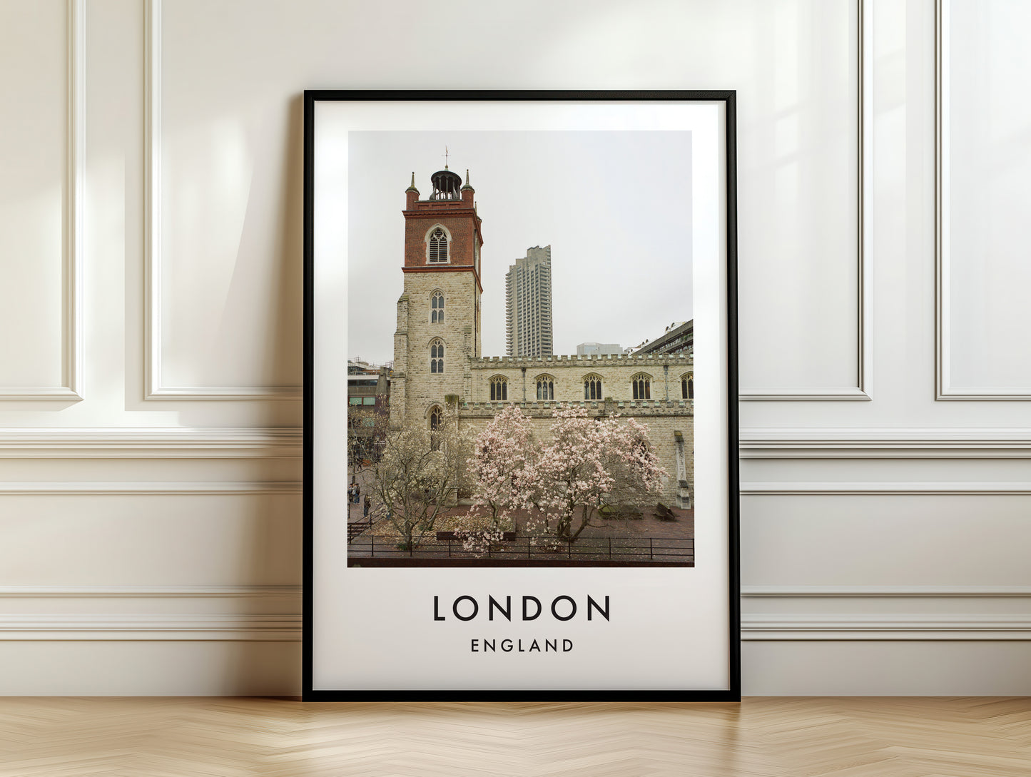 St Giles Cripplegate Church Magnolia Barbican Tower - London analogue photography poster print on white panelled wall