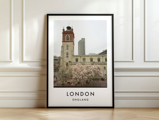 St Giles Cripplegate Church Magnolia Barbican Tower - London analogue photography poster print on white panelled wall