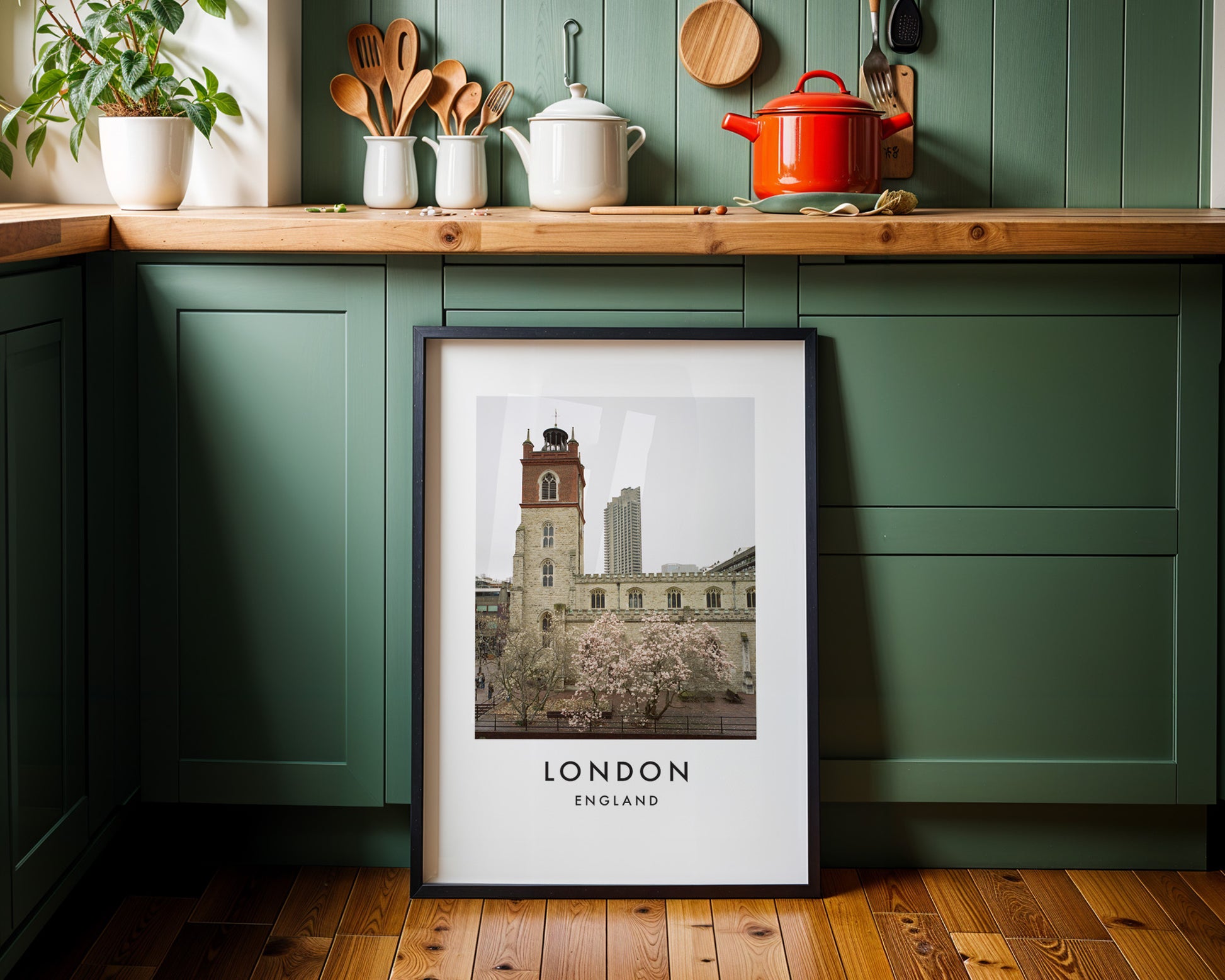 St Giles Cripplegate Church Magnolia Barbican Tower - London analogue photography poster print on minimalist white wall