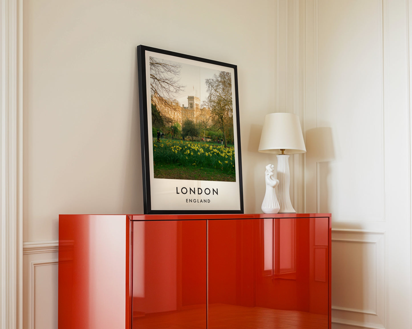 St James Park Daffodils Spring Building - London analogue photography poster print in interior design setting