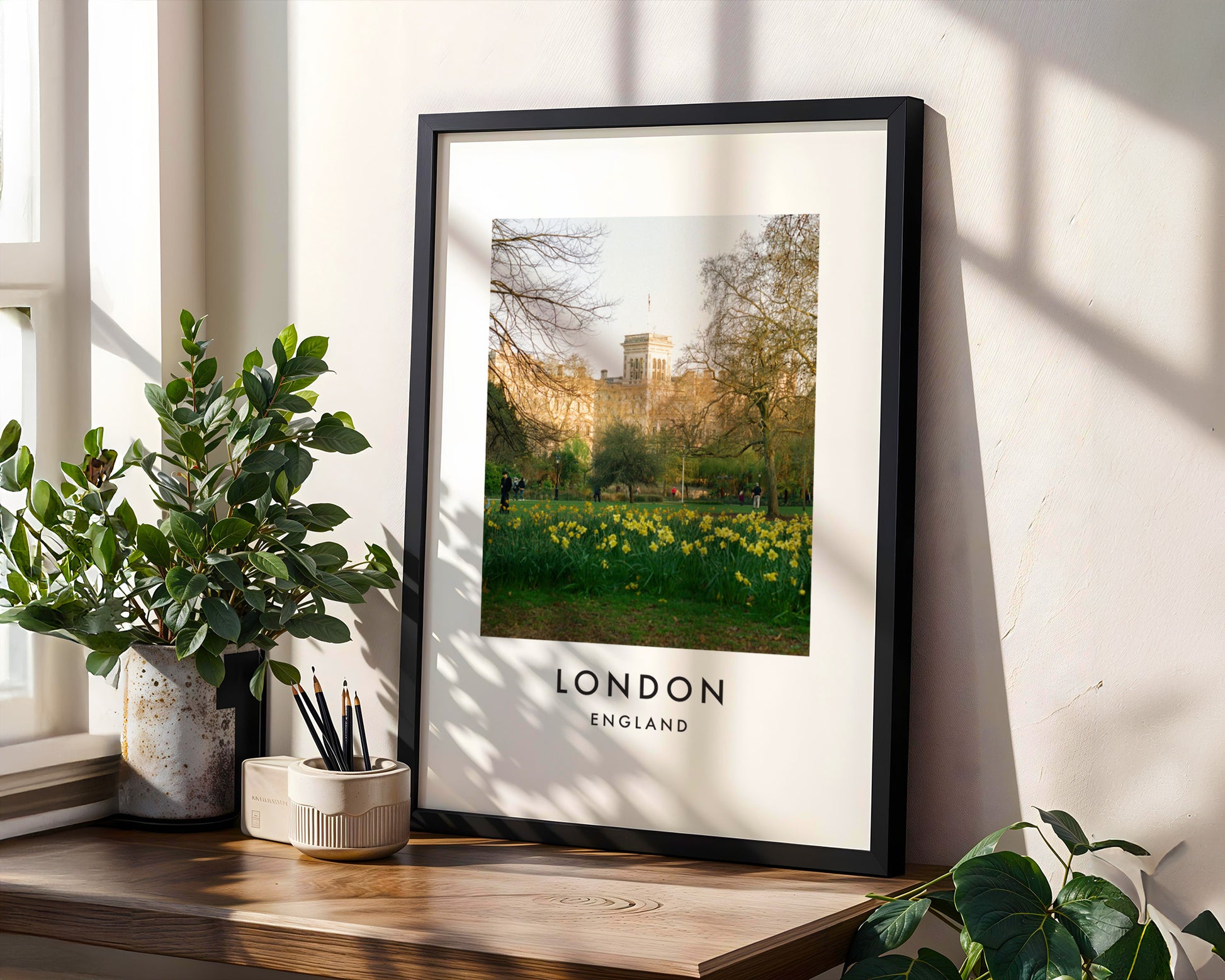 St James Park Daffodils Spring Building - London analogue photography poster print in modern room setting