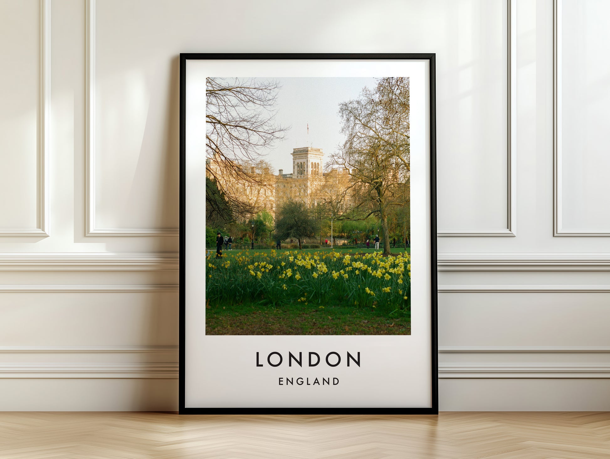 St James Park Daffodils Spring Building - London analogue photography poster print on white panelled wall