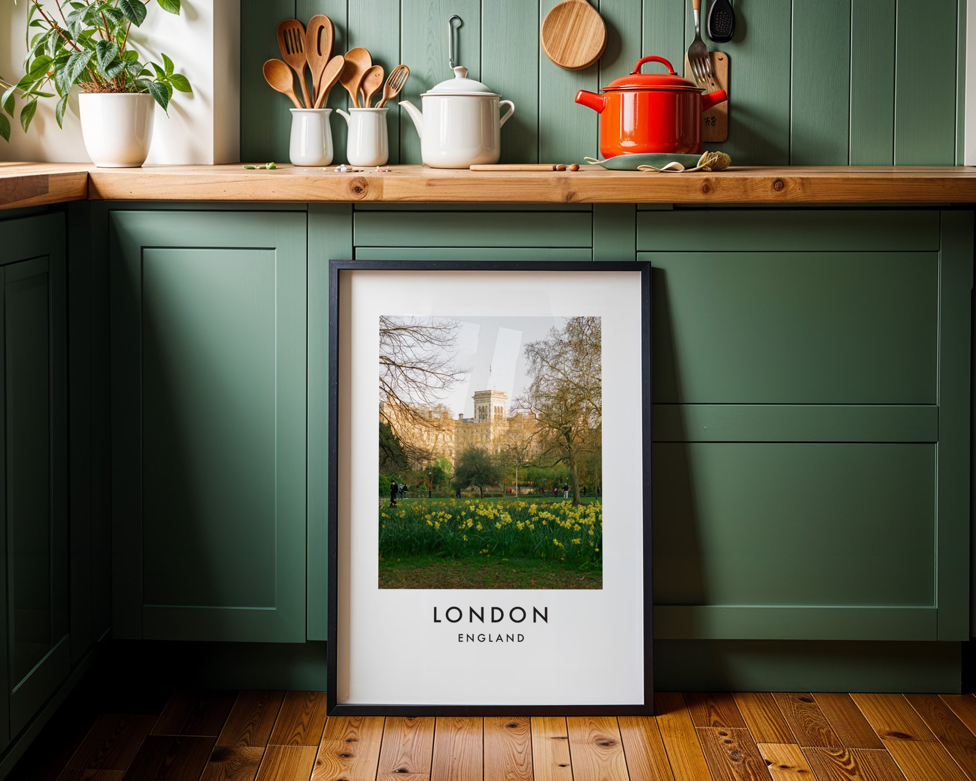 St James Park Daffodils Spring Building - London analogue photography poster print on minimalist white wall
