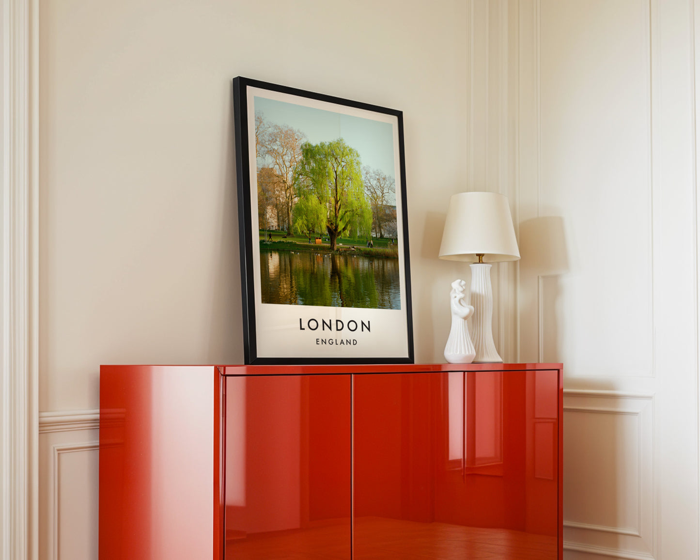 St James Park Weeping Willow Lake Spring - London analogue photography poster print in interior design setting