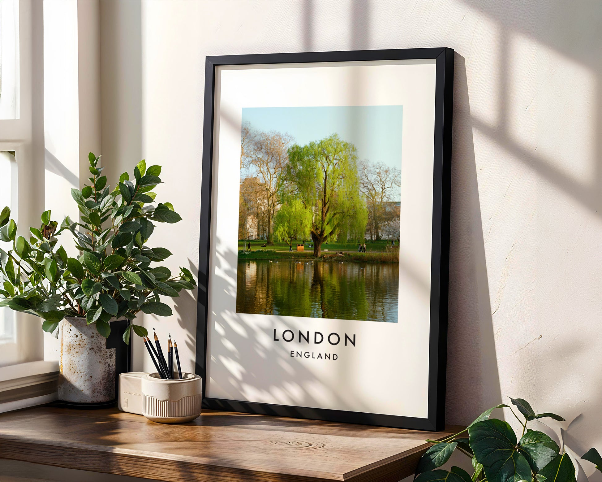 St James Park Weeping Willow Lake Spring - London analogue photography poster print in modern room setting