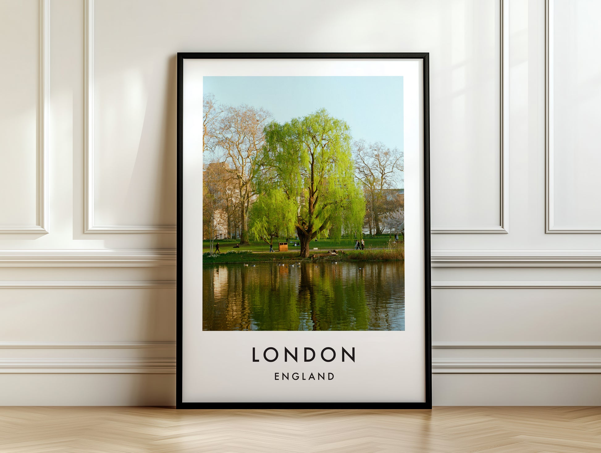 St James Park Weeping Willow Lake Spring - London analogue photography poster print on white panelled wall