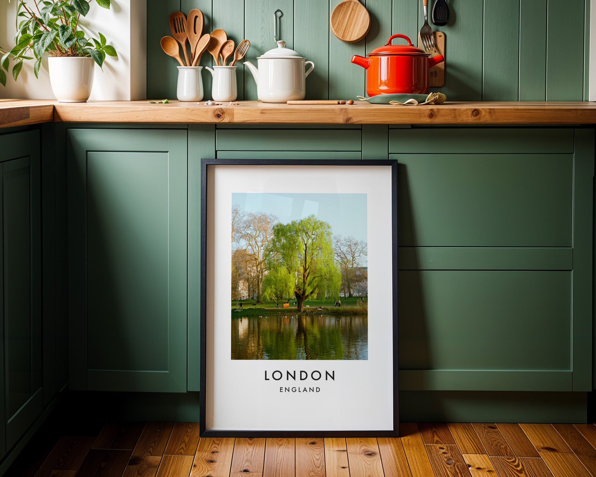 St James Park Weeping Willow Lake Spring - London analogue photography poster print on minimalist white wall