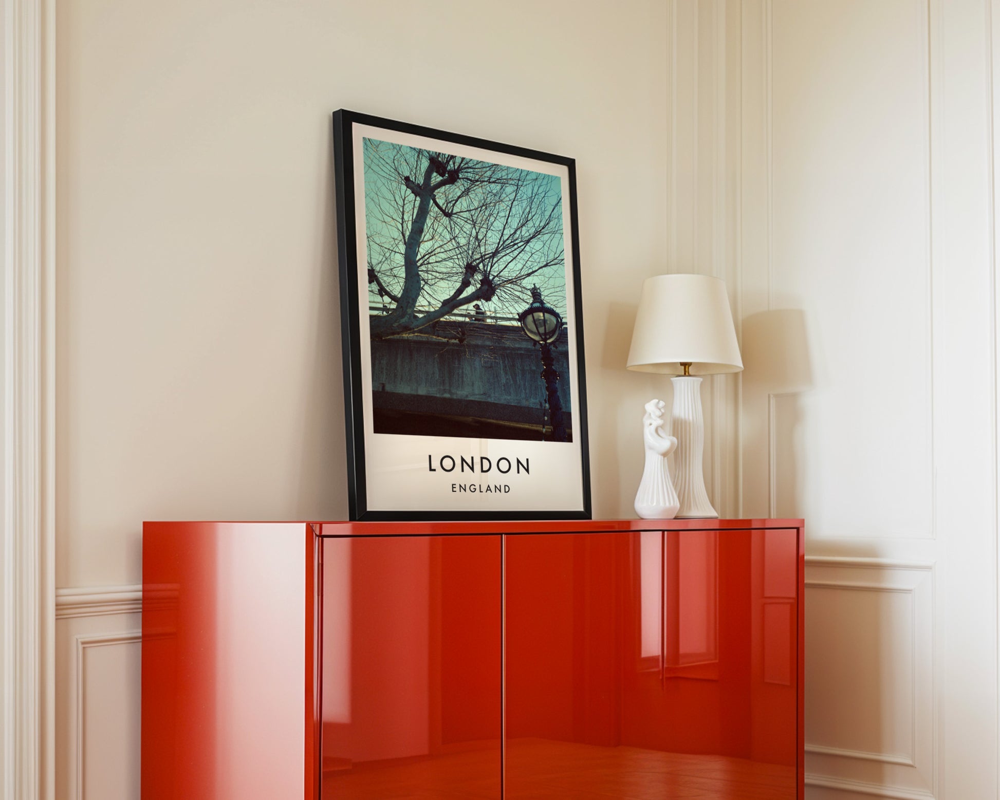 Thames Embankment Bare Tree Victorian Lamp Post - London analogue photography poster print in interior design setting