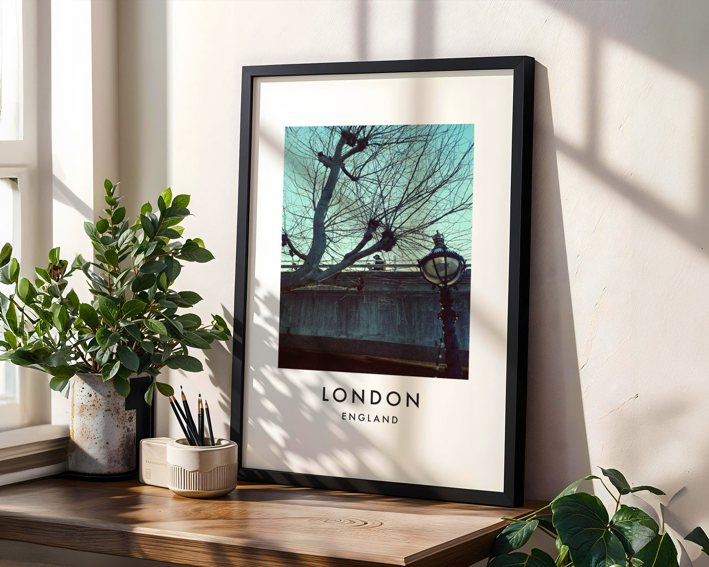 Thames Embankment Bare Tree Victorian Lamp Post - London analogue photography poster print in modern room setting