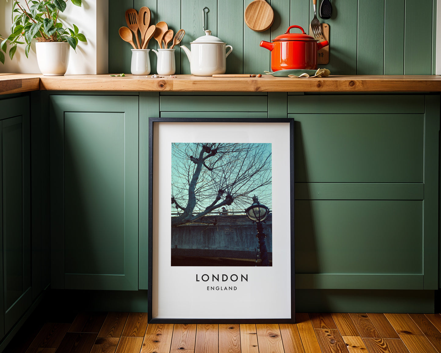 Thames Embankment Bare Tree Victorian Lamp Post - London analogue photography poster print on minimalist white wall