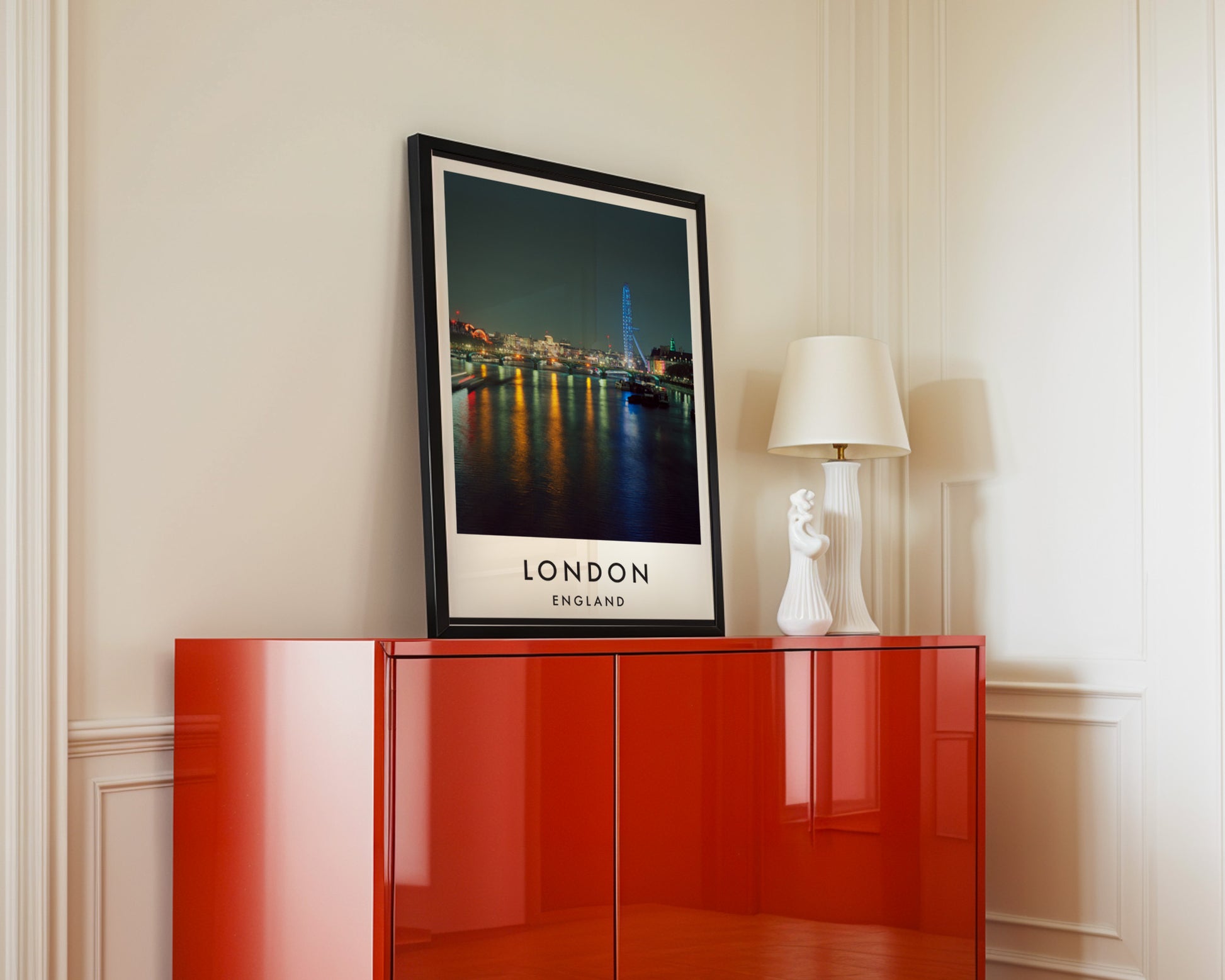 Thames Embankment Night City Reflections - London analogue photography poster print in interior design setting