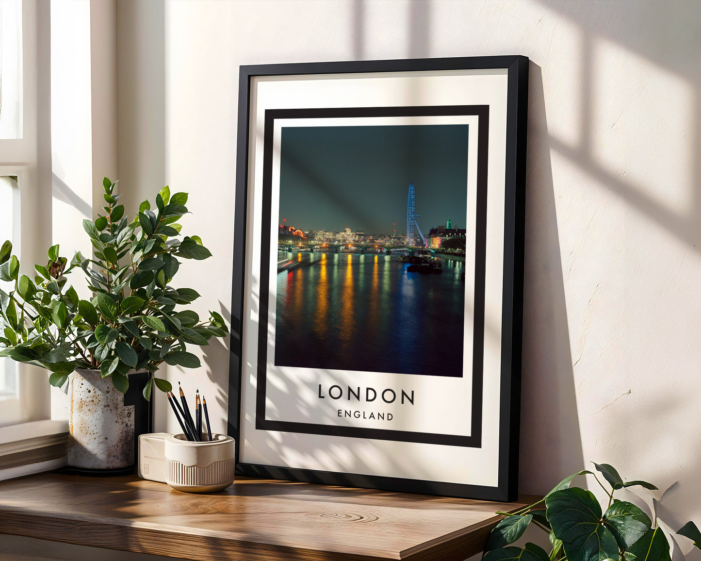Thames Embankment Night City Reflections - London analogue photography poster print in modern room setting