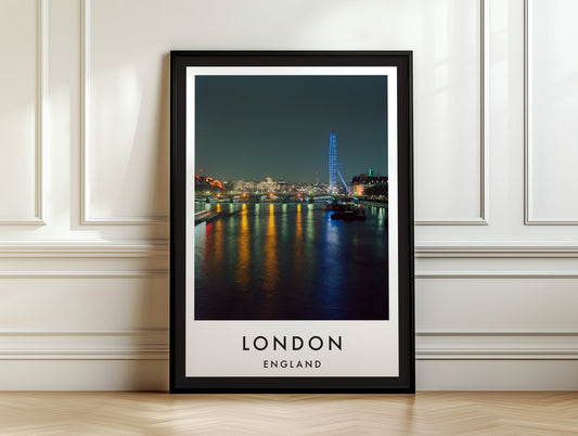 Thames Embankment Night City Reflections - London analogue photography poster print on white panelled wall