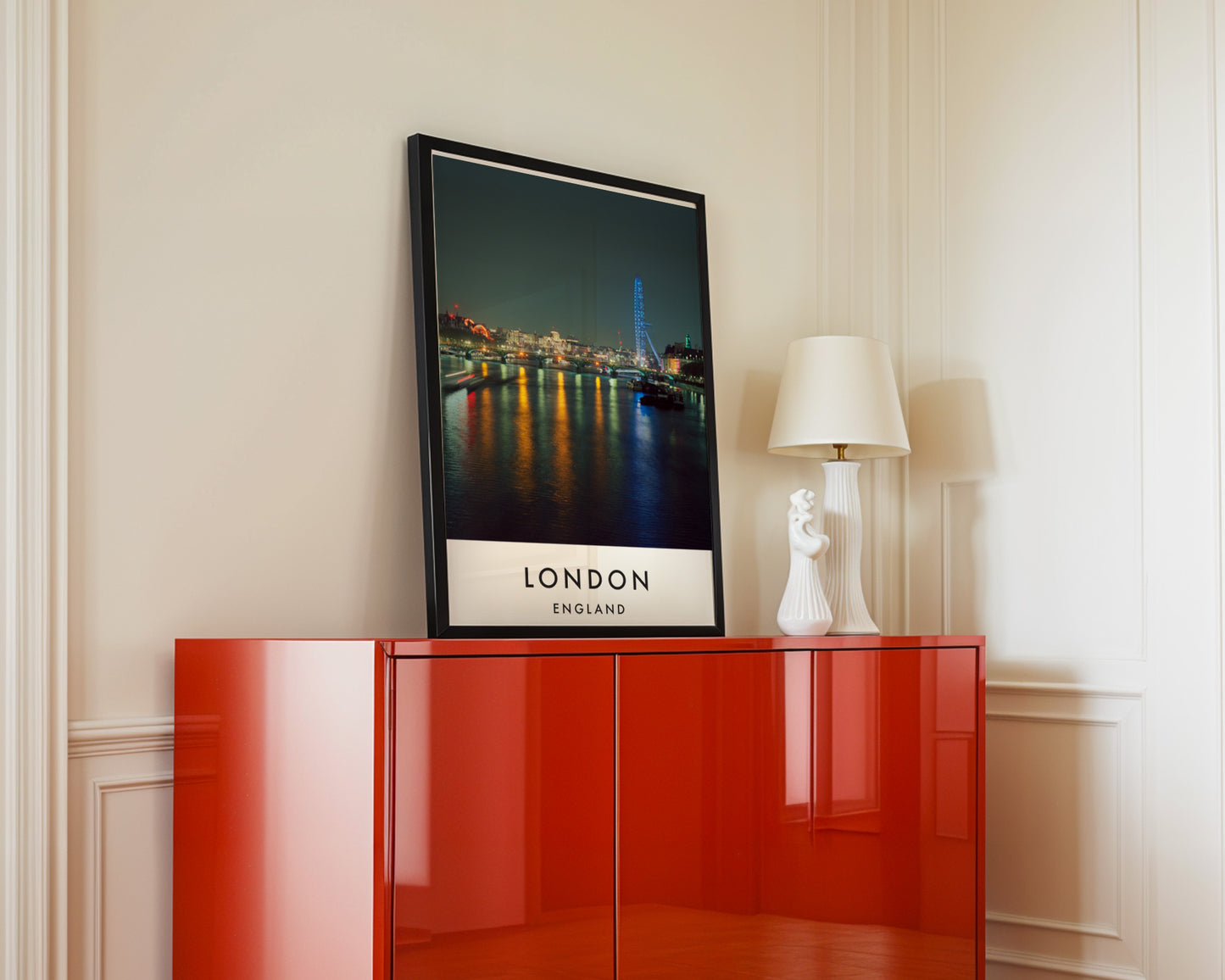 Thames Night Panorama London Eye Distant - London analogue photography poster print in interior design setting